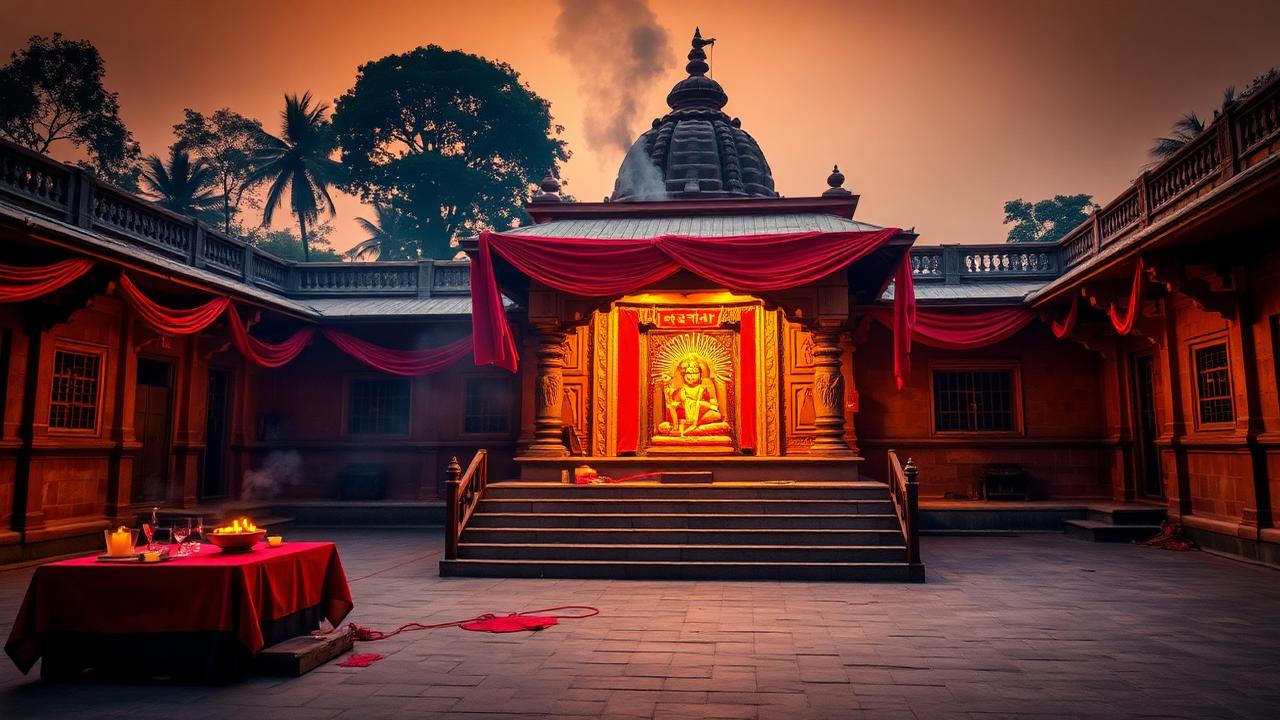 Indian temple courtyard at dawn with red cloth and incense smoke