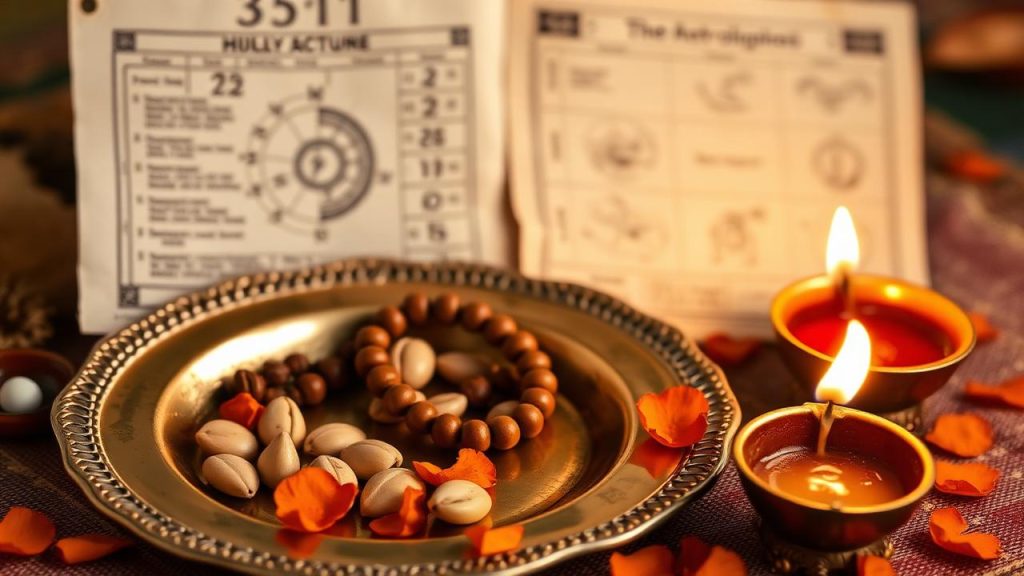 Brass plate with cowrie shells, rudraksha beads and a horoscope chart
