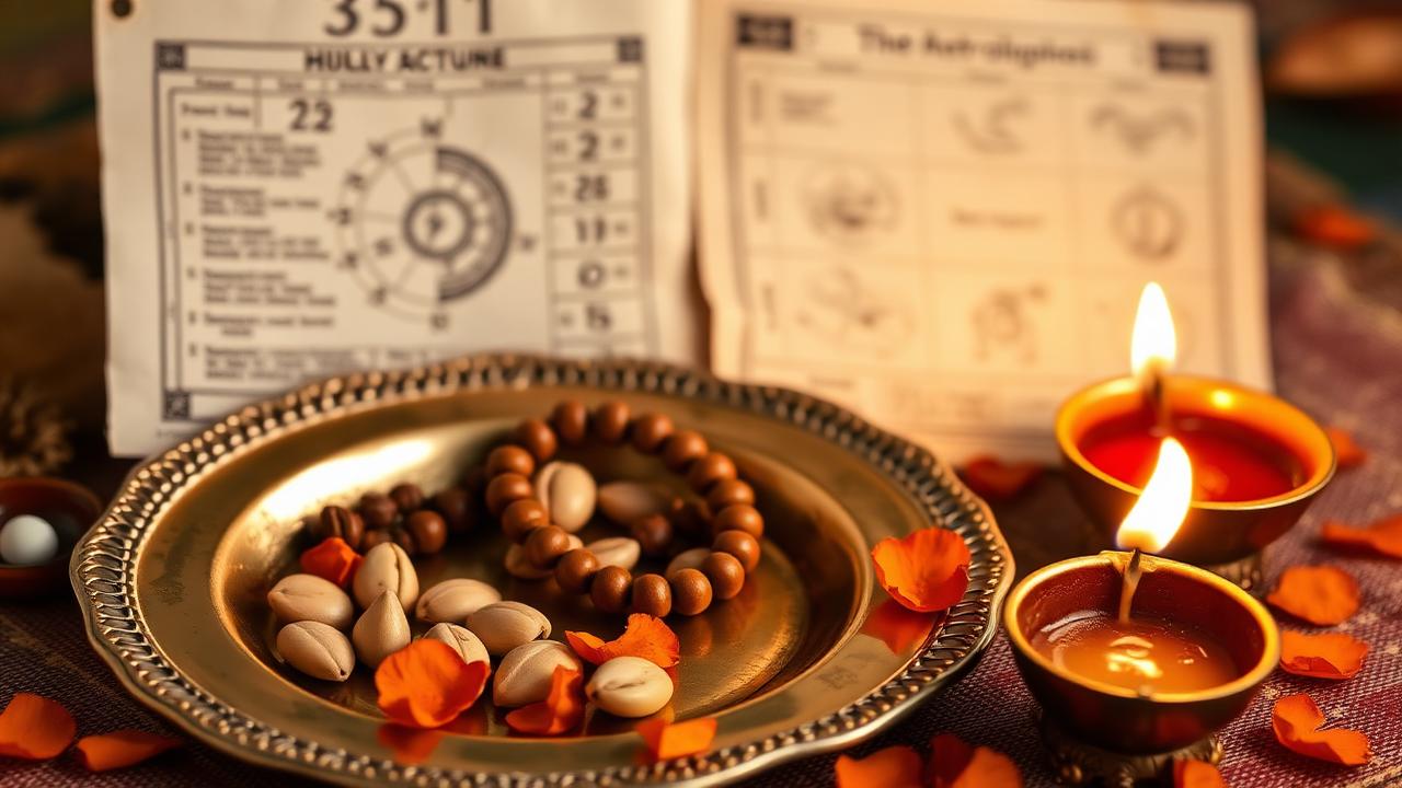 Brass plate with cowrie shells, rudraksha beads and a horoscope chart