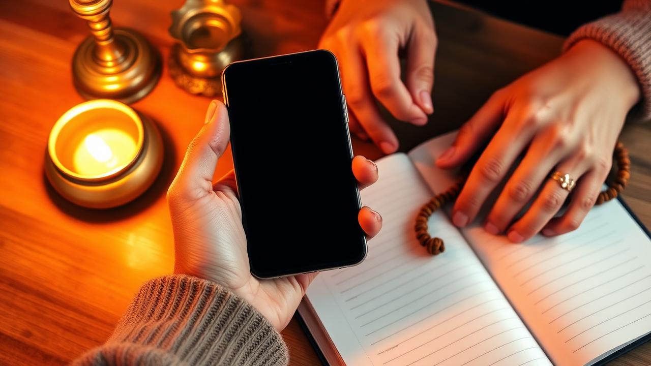 Hands holding a phone beside a notebook, brass lamp and rudraksha mala